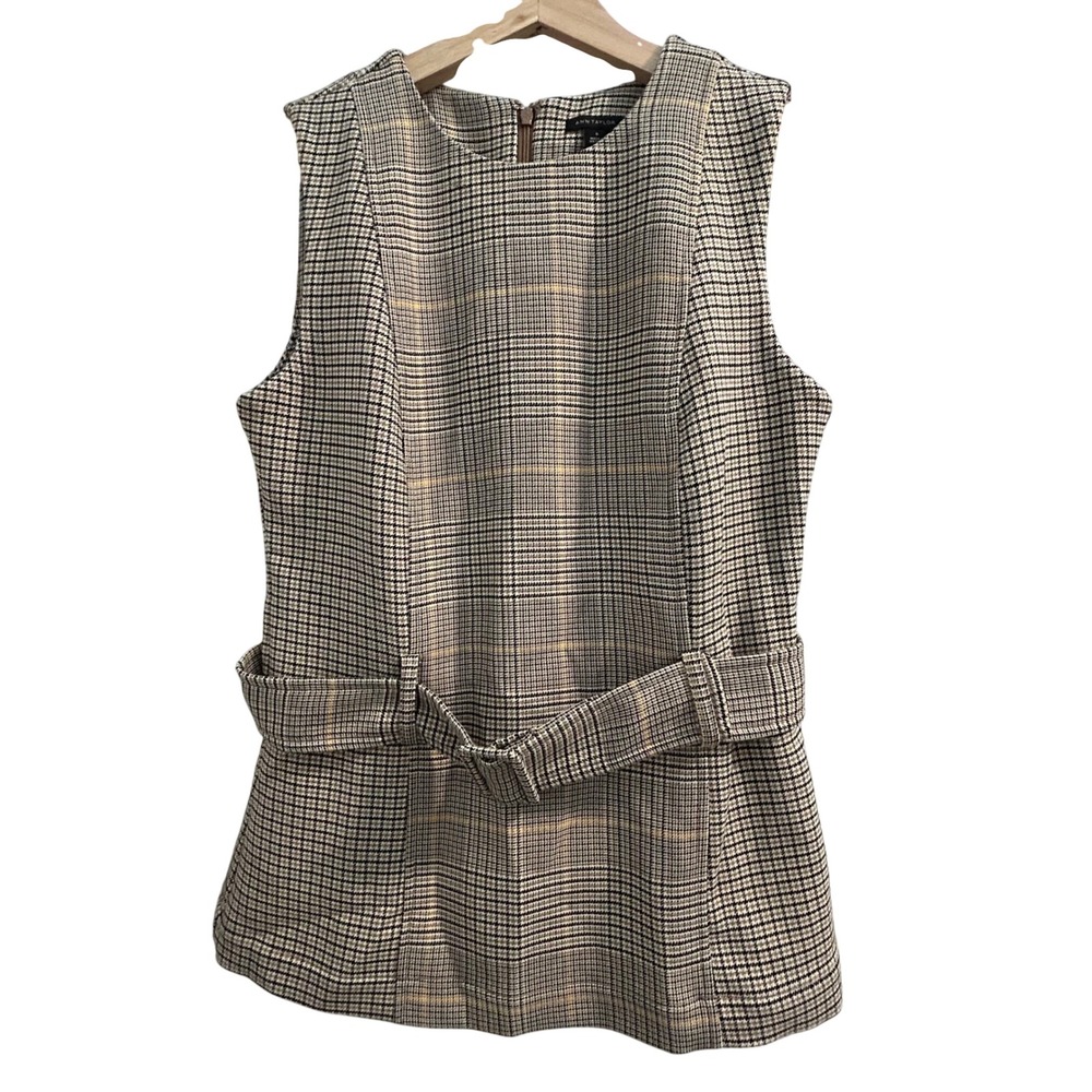 Ann Taylor Womens Plaid Belted Peplum Top Sleeveless Tan Black Size 0 NWT$98